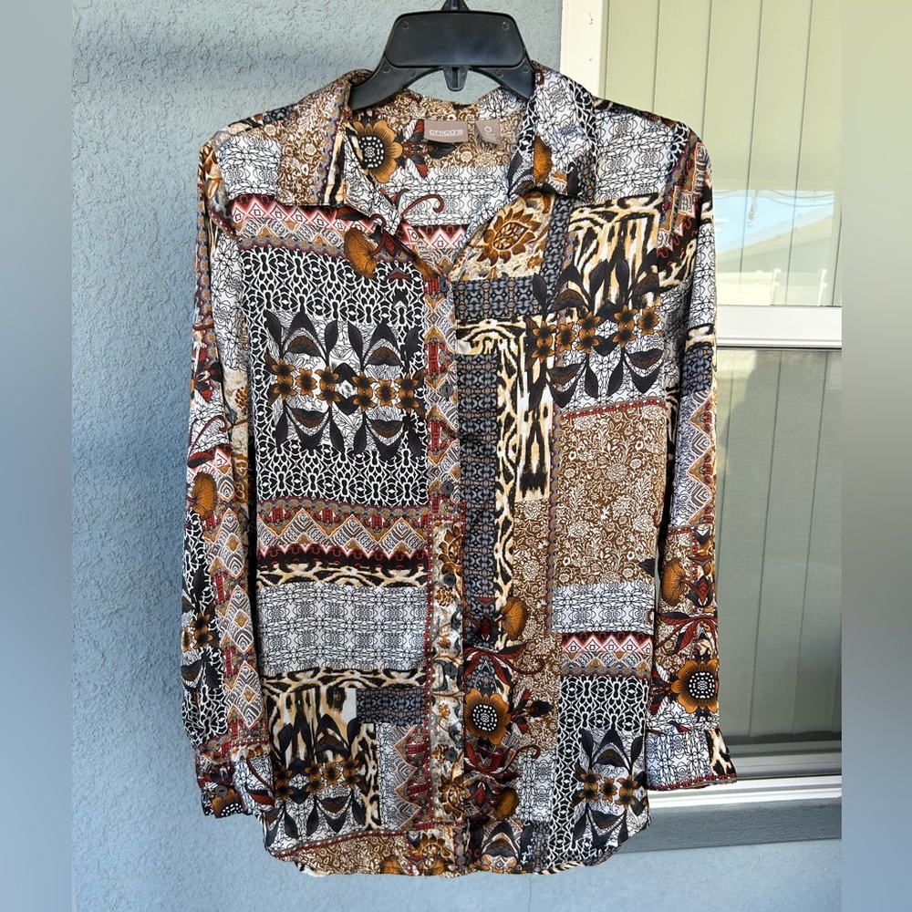 Chico’s Patchwork Print Boho Chic Mixed Media Button Front Top Size 0/Small